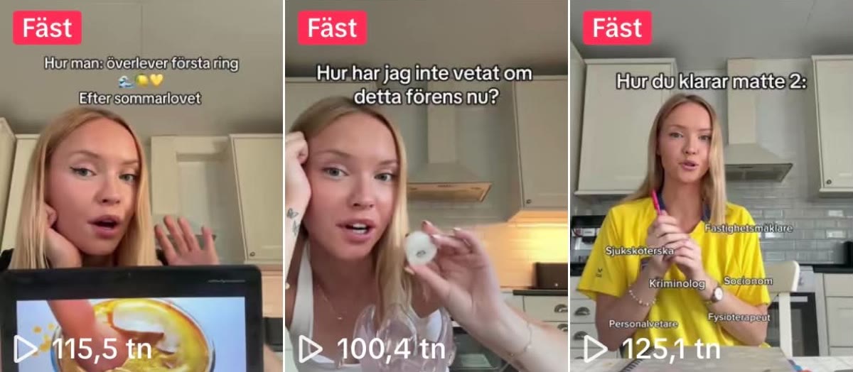 Tre fästa TikTok-videos med 115,5 tn, 100,4 tn och 125,1 tn visningar